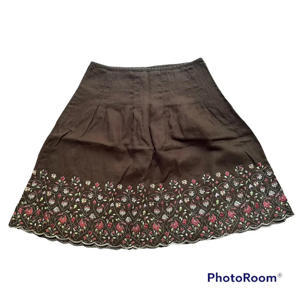 Ann Taylor Linen Skirt Embroidered Floral Brown Size 4 Petite - Picture 1 of 9